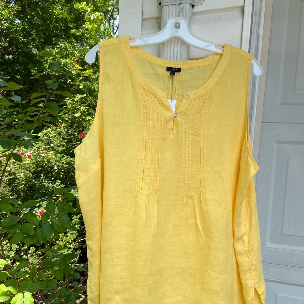 NWT Talbots Pretty Yellow 100% Linen Pleated Front Sleeveless Blouse